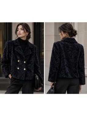 Women's Genuine Karakul Lamb Fur Black Double Breasted Coat M L